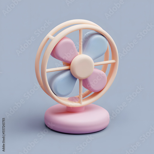 A pastel-colored, 3D model of a small table fan, featuring light pink and light blue blades.