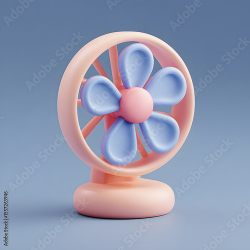 A cute, cartoonish desk fan with pastel pink and blue flower-shaped blades.
