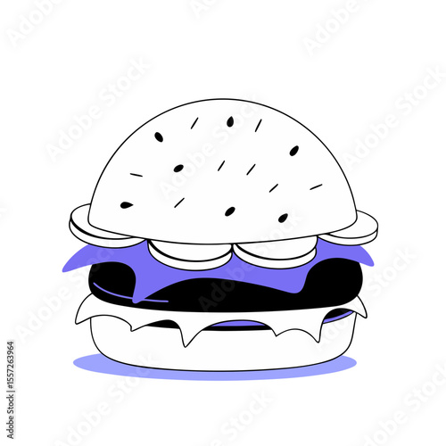 A tasty cartoon cheeseburger illustration with meat, cheese, lettuce, and tomato on a bun, isolated on a white background