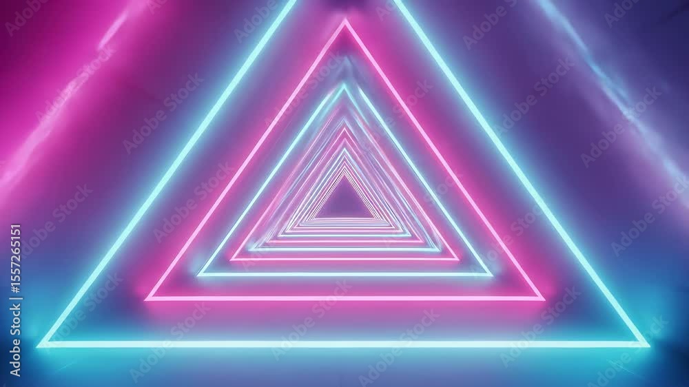 Illuminated Triangle Tunnel with Neon Lights in Pink and Cyan Tones Geometric Pattern Creating a Futuristic Abstract Background with 3D Rendering