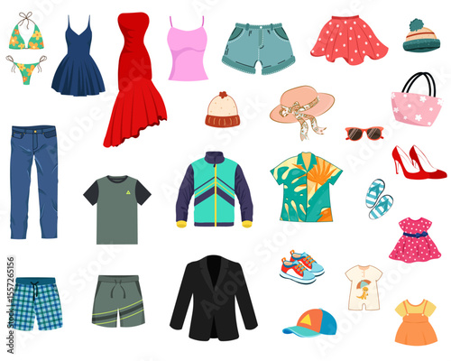 Fashion clothes, garments and accessories icon set. Female apparel, dresses, pants, modern shoes, coats, sweaters, hats in casual style. Flat graphic vector illustrations isolated on white background