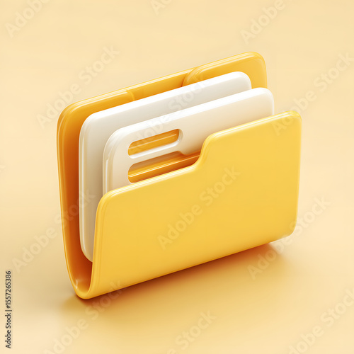 A 3D rendering of a yellow file folder with white documents inside, sitting on a pale yellow background.