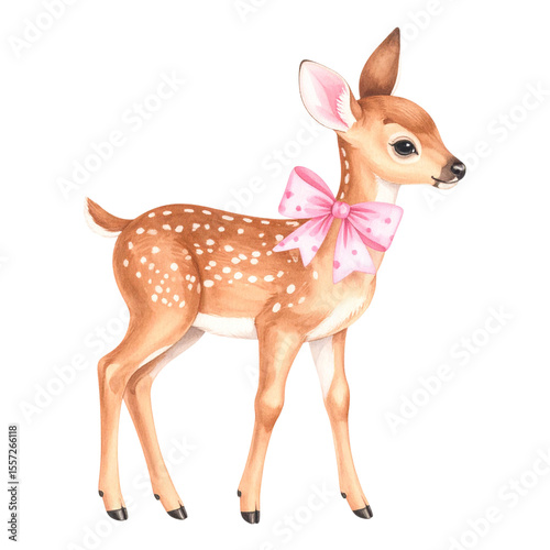 Watercolor clipart of cute animal with pink bow accessories