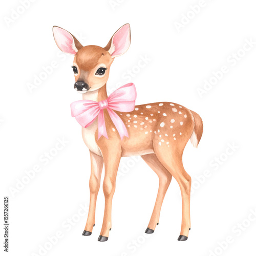 Watercolor clipart of cute animal with pink bow accessories