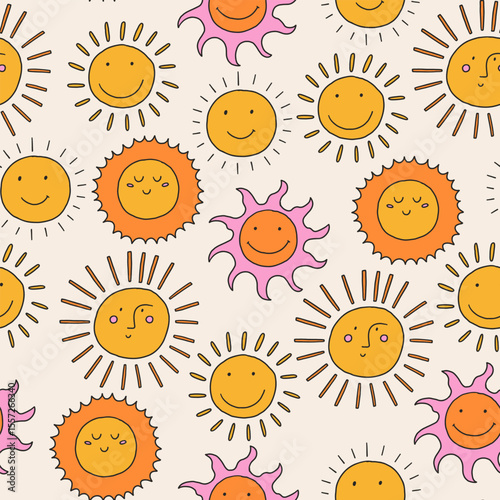 Cute Sun Baby Seamless Pattern. Boho Children Print Background. Vector Illustration