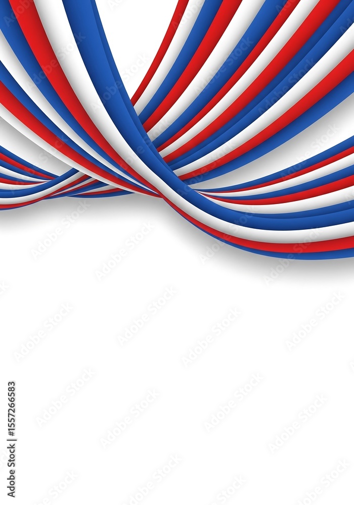 Obraz premium Dynamic wavy ribbons in patriotic red, white, and blue creating an abstract border on a clean white background, ideal for national holiday designs and festive celebrations