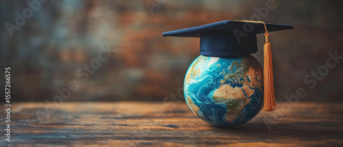 Globe with academic cap symbolizing global education. Useful for educational materials and presentations about the globalization of education.
