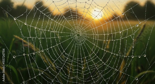 Dew-covered spider web in morning light.