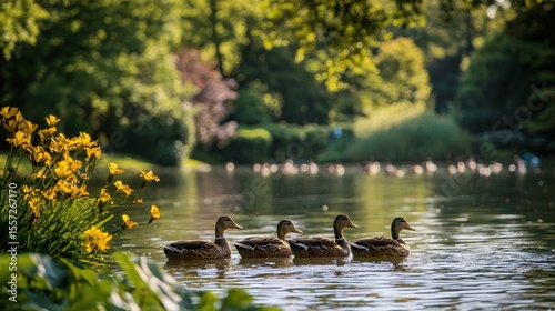In a peaceful park a gaggle of ducks floats together in formation across a calm pond surrounded by trees and flowers