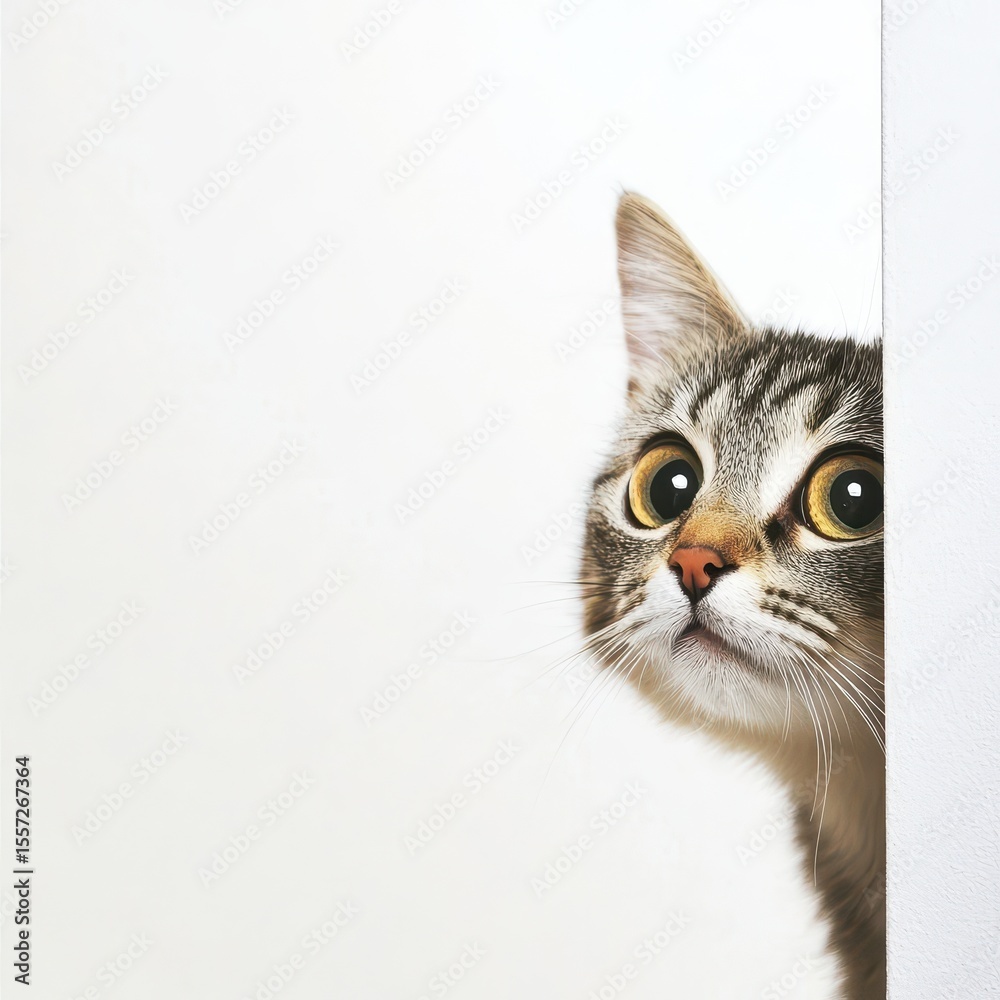 Curious cat peeking around the corner indoors Curious cat peeking around the corner indoors