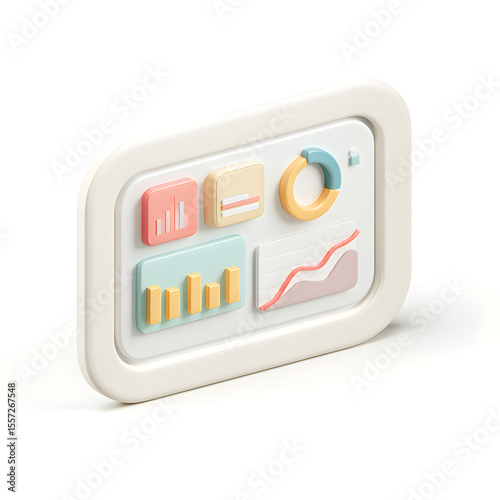 A 3D rendered illustration of a digital dashboard displaying various data visualizations.