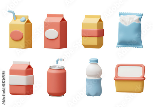 Collection of Colorful 3D Rendered Food and Beverage Packaging Icons