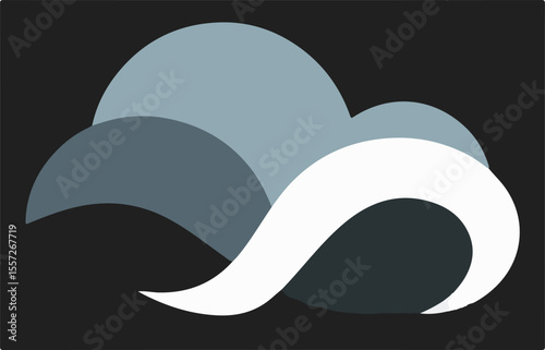 A modern vector abstract of stylized cloud shapes in shades of grey, with a dynamic white swirling element, all set against a dark background.