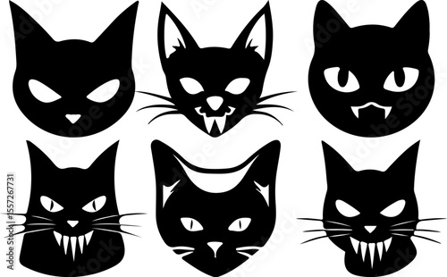 Set of six black vampire cat faces with fangs for Halloween designs 