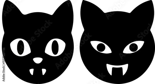 Two black vampire cat faces with fangs for Halloween graphics set 