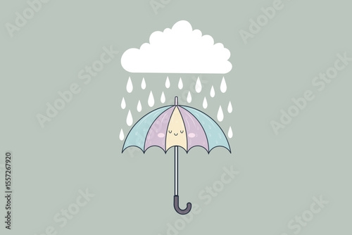 Minimalist umbrella and raindrops vector drawing, flat design with soft cartoon touch, ideal for nursery art, seasonal themes, and decorative kids content
