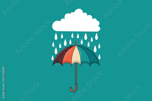 Creative cartoon umbrella under raindrops, flat vector weather concept with clean lines and pastel colors for children's projects and rainy day illustrations
