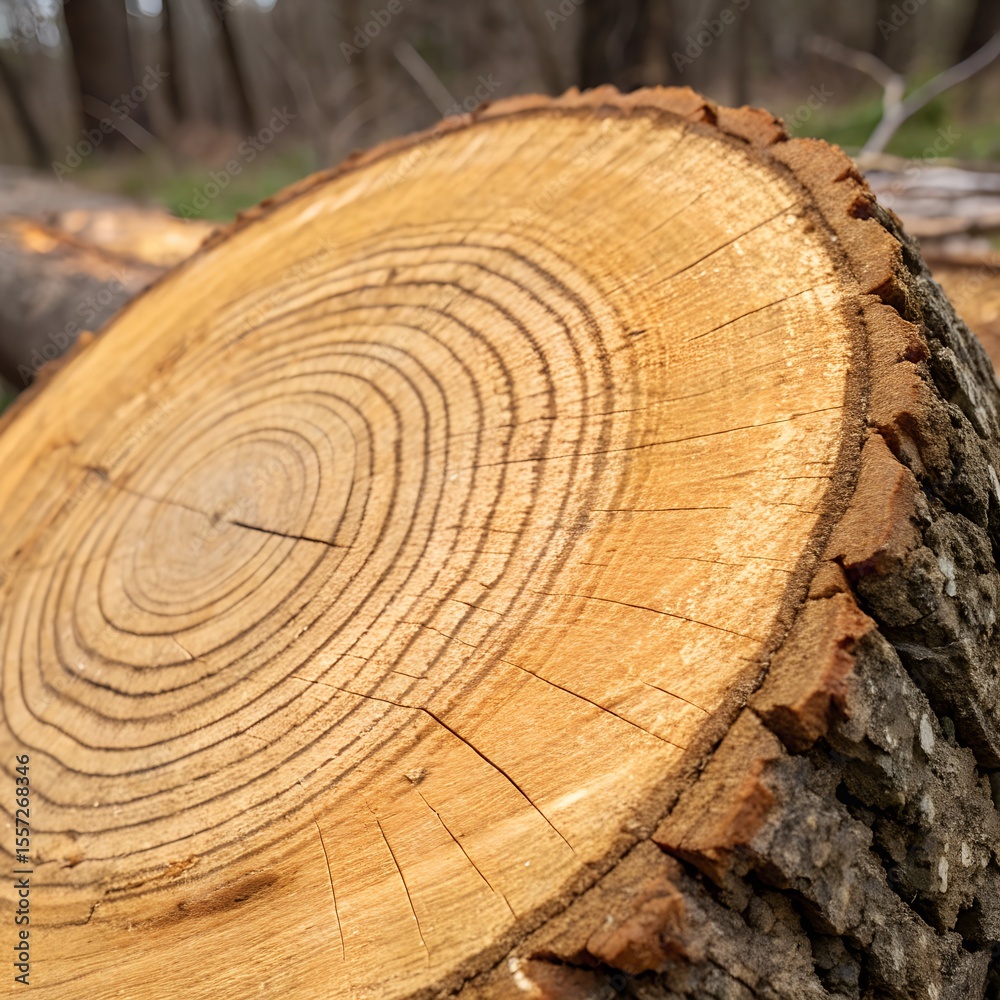 Naklejka premium Close up of a tree stump showing its age rings in a forest setting