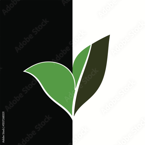A striking vector image featuring two green leaves with a subtle white outline, positioned against a high-contrast background split vertically between black and white.