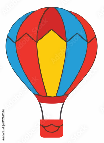 A vibrant vector illustration of a hot air balloon in bold red, blue, and yellow, with a small basket, evoking a sense of adventure and aerial travel.