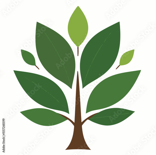 A clean vector illustration of a stylized tree with a brown trunk and diverse green leaves of varying shades and sizes, against a white background.