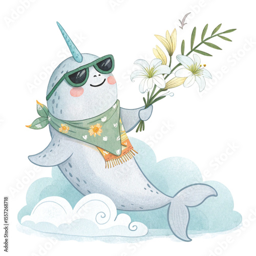 Cute Sea Animals in Hawaiian Outfits on a Cloud Sunglasses  Summer Flowers Clipart Watercolor 