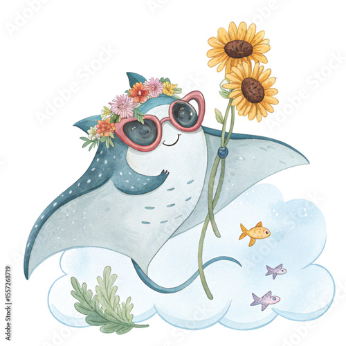 Cute Sea Animals in Hawaiian Outfits on a Cloud Sunglasses  Summer Flowers Clipart Watercolor 