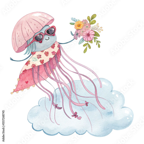 Cute Sea Animals in Hawaiian Outfits on a Cloud Sunglasses  Summer Flowers Clipart Watercolor 
