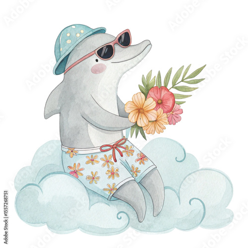 Cute Sea Animals in Hawaiian Outfits on a Cloud Sunglasses  Summer Flowers Clipart Watercolor 