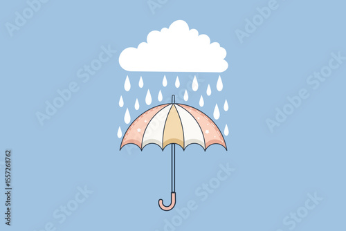 Single umbrella with falling water drops in vector style, cartoon flat rainy weather scene with soft colors for nursery and children-themed backgrounds
