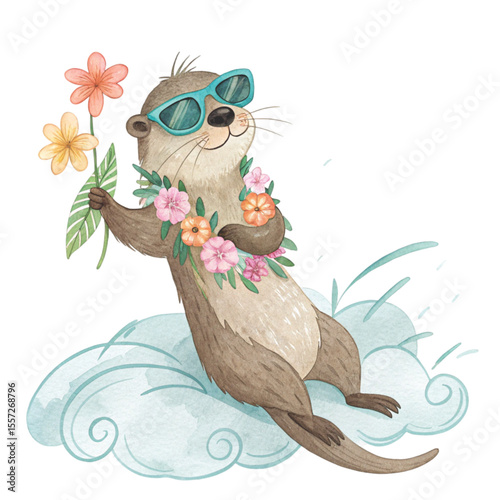 Cute Sea Animals in Hawaiian Outfits on a Cloud Sunglasses  Summer Flowers Clipart Watercolor 