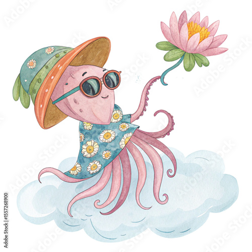 Cute Sea Animals in Hawaiian Outfits on a Cloud Sunglasses  Summer Flowers Clipart Watercolor 