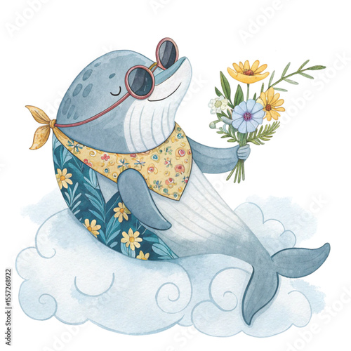 Cute Sea Animals in Hawaiian Outfits on a Cloud Sunglasses  Summer Flowers Clipart Watercolor 