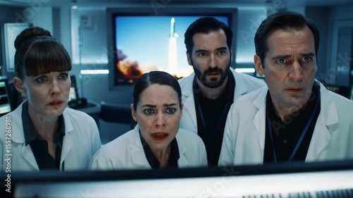 Worried scientists watch rocket launch on monitor with war implications