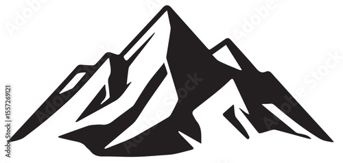 
A stylized black and white vector illustration of a rugged mountain range with sharp peaks and shadowed facets.
