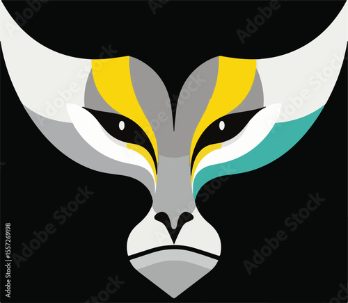 
A complex vector image of a stylized wolf or fox face in shades of gray, white, yellow, and teal, with striking black eyes, set against a black background.