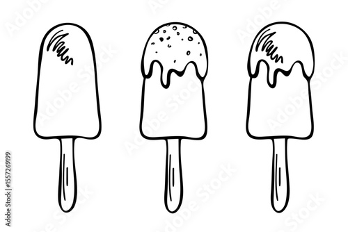 Popsicle ice cream on stick, hand drawn doodle isolated on white. Black and white line drawing sketch of popsicle with icing and nuts. Vector clipart for graphic design and print.