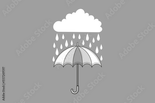 Cartoon umbrella protecting from rain, vector illustration with falling blue droplets, flat design for print, seasonal themes, and children’s materials
