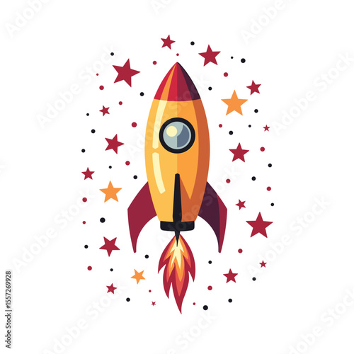 Cartoon rocket launch surrounded by stars, the concept of space exploration