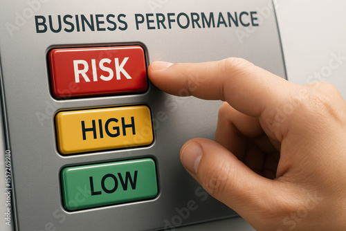 Business performance evaluation involves assessing risk levels. hand pressing red button labeled RISK, indicating focus high risk scenarios, symbolizes decision making business contexts