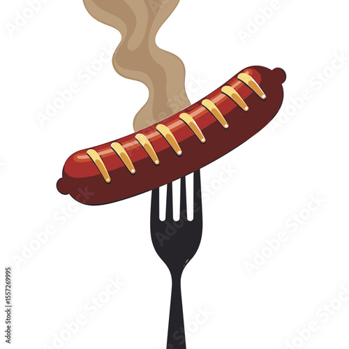 Grilled sausage on a fork with smoke, on white with space for text