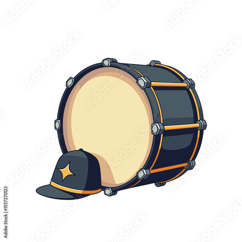 Cartoon of a bass drum and peaked cap on white, with space for text