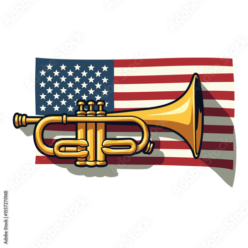 Trumpet over american flag illustration, patriotic concept