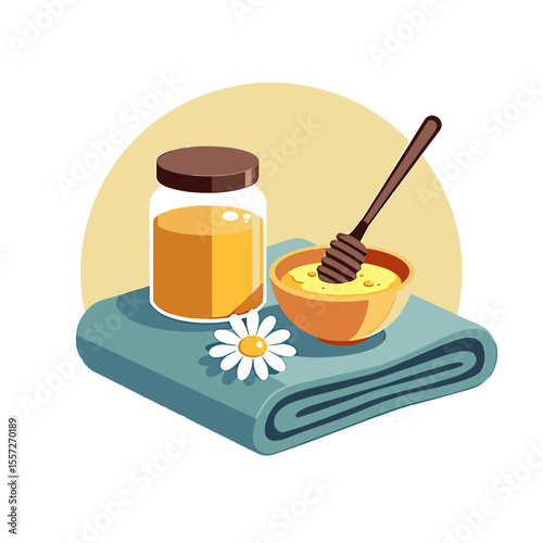 Honey jar, bowl and daisy on a towel, spa treatment concept with space for text