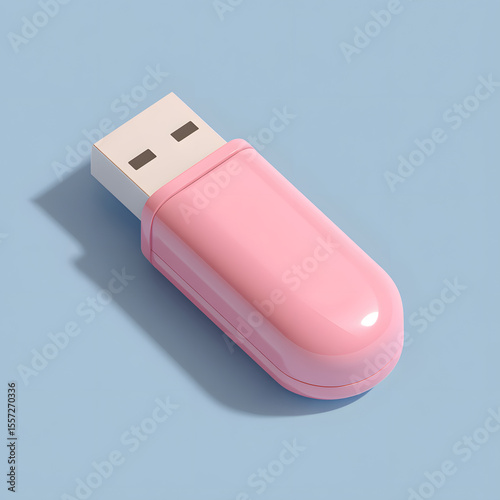 A pink USB flash drive rests on a light blue background, casting a subtle shadow.