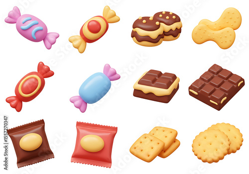 Assorted Colorful Candies Cookies and Chocolate Bars 3D Render