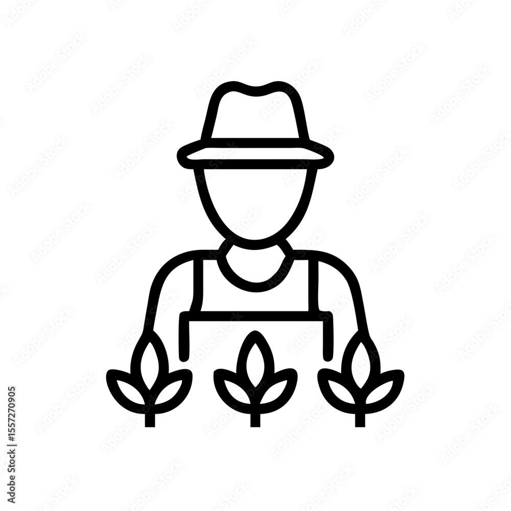 Fototapeta premium Farmer with crops illustration. Farming icon depicts person in overalls and hat tending plants. Simple farmer image suitable for agriculture websites and publications.