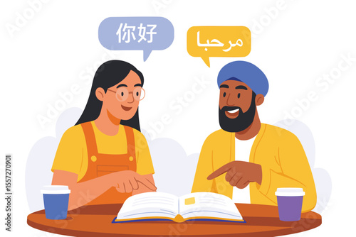 Multicultural Language Exchange Over Coffee – Flat Vector Illustration of Global Learning