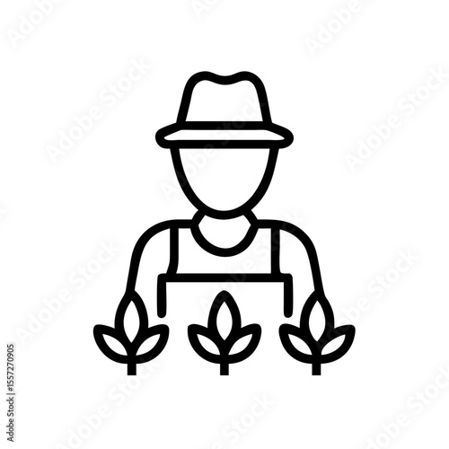 Farmer with crops illustration.  Farming icon depicts person in overalls and hat tending plants.  Simple farmer image suitable for agriculture websites and publications.