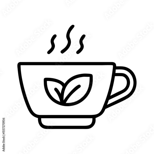 Herbal tea cup with steam and leaves logo.  Hot herbal tea in cup perfect for cafe menu design. This herbal tea cup image is ideal for wellness blogs and healthy lifestyle websites.